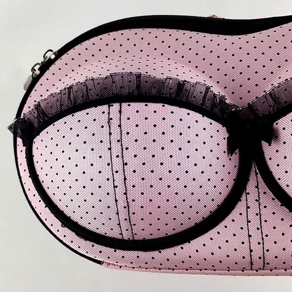 ⭐️3/ $30⭐️ Hard Bra Case Travel Carrier Portable Pink Black Polka Dots Lace - Picture 4 of 12